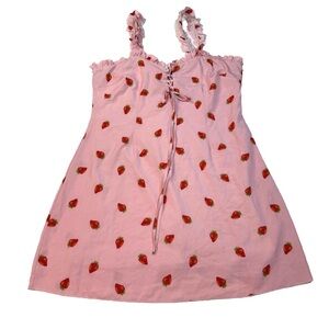 Pink Strawberry Print Dress with Adjustable Tie Front SHEIN